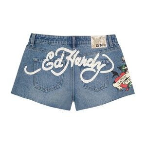 Ed Hardy "NEW" Light Wash Vintage Love Eternal Grunge Denim Shorts Size XL